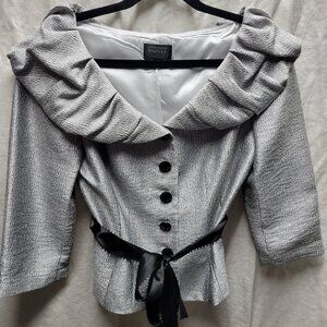 Adrianna Papell Evening Essential Shimmer Silver Jacket w ruffle collar